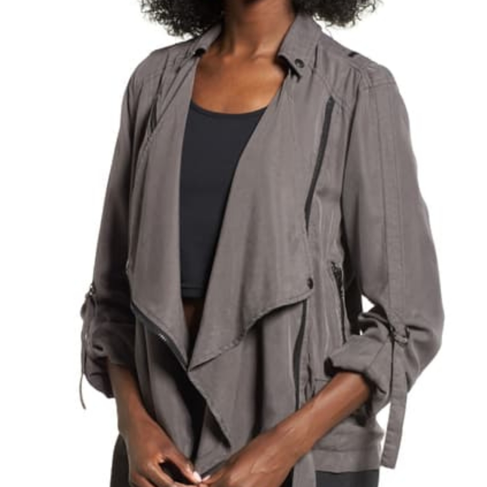 BLANK NYC Denim Gray Roll Sleeve Drape Moto Jacket